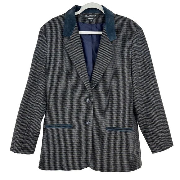 Vintage Braebrook Wool Plaid Blazer Suede Elbow Patch Size 10 Academia Preppy - Picture 1 of 12